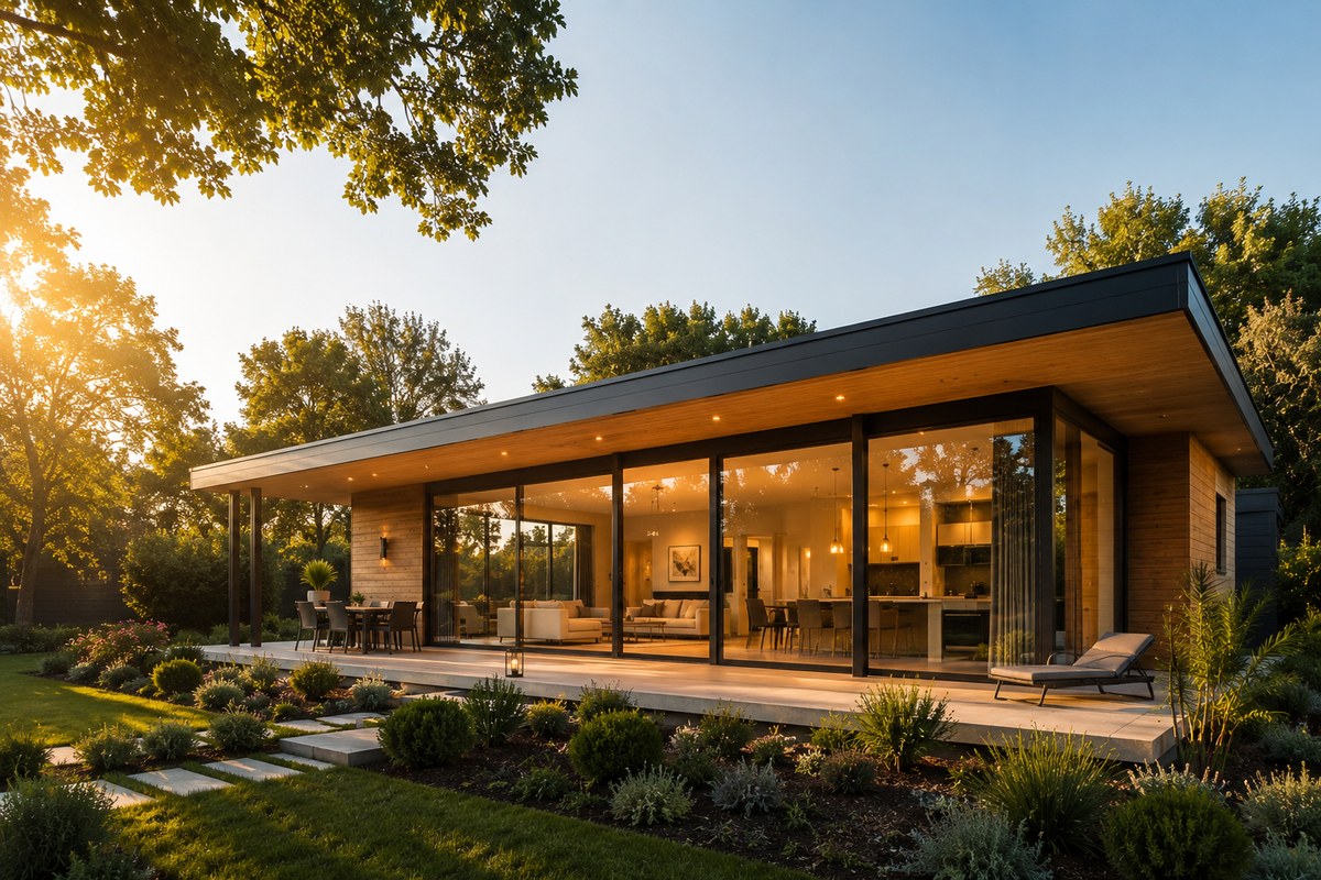 Maison bioclimatique avec grande façade vitrée et toit débordant, lumière naturelle au coucher du soleil