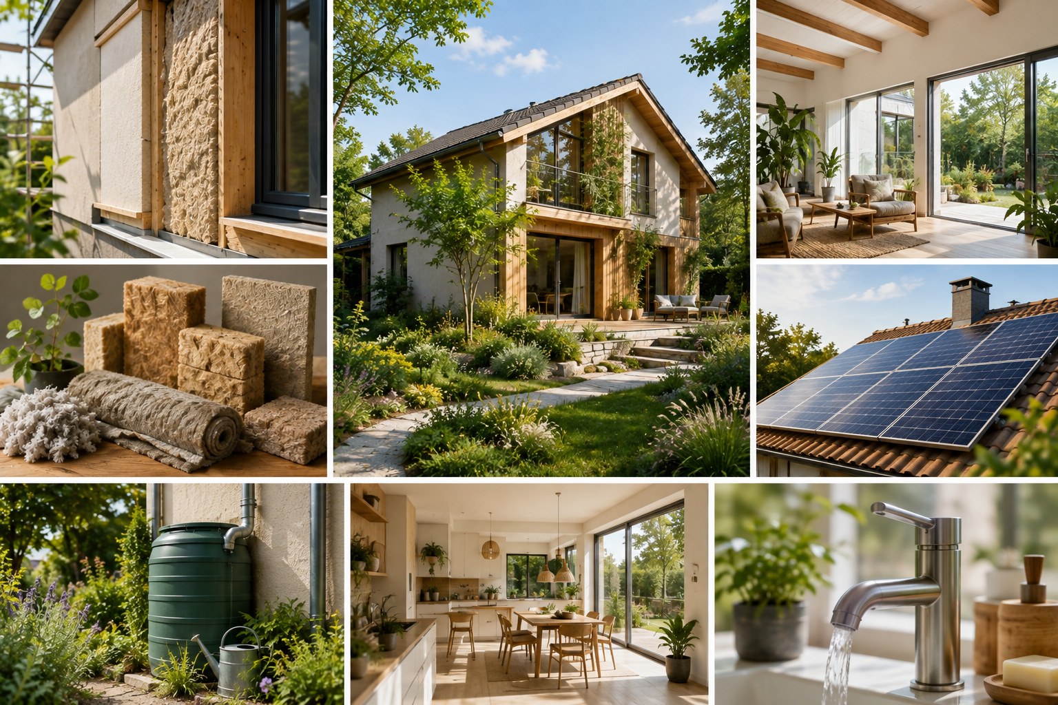 Mosaïque de photos d'une rénovation écologique : isolation biosourcée, façade végétalisée, panneaux photovoltaïques, récupération d'eau de pluie et cuisine ouverte