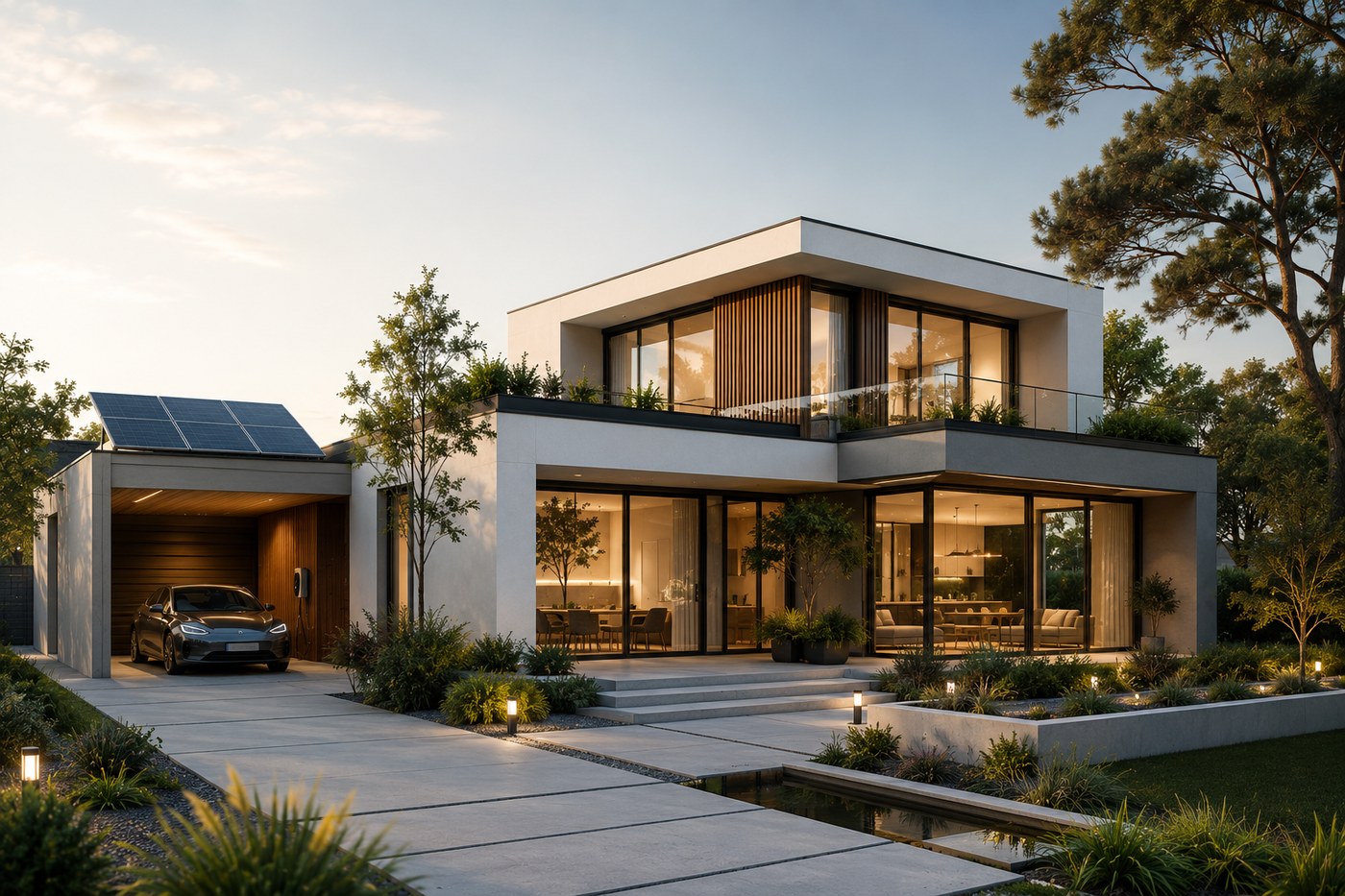Maison contemporaine avec carport photovoltaïque et borne de recharge, réalisation Société Réponse