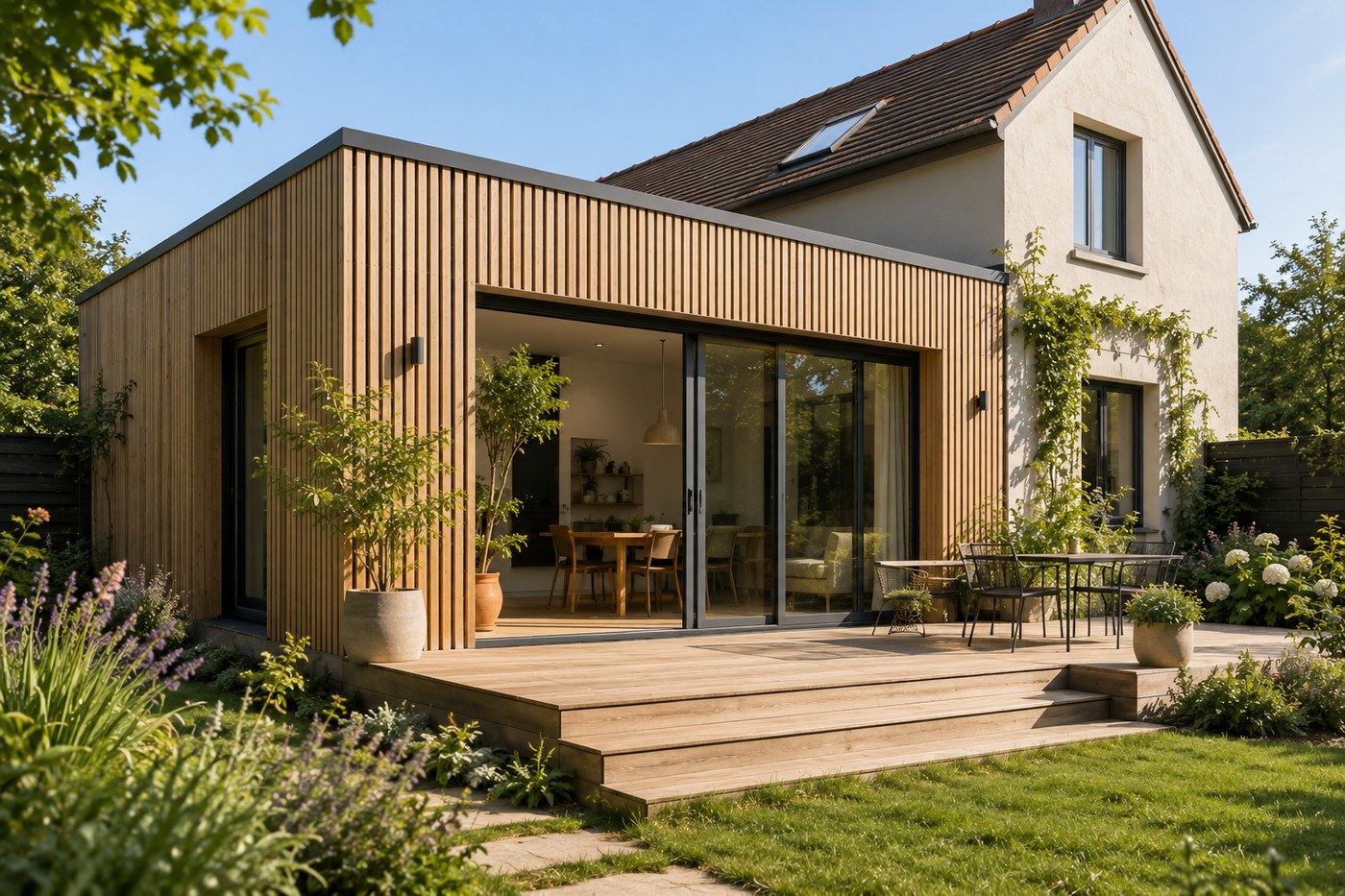 Extension ossature bois avec baie vitrée coulissante et terrasse, jardin paysager
