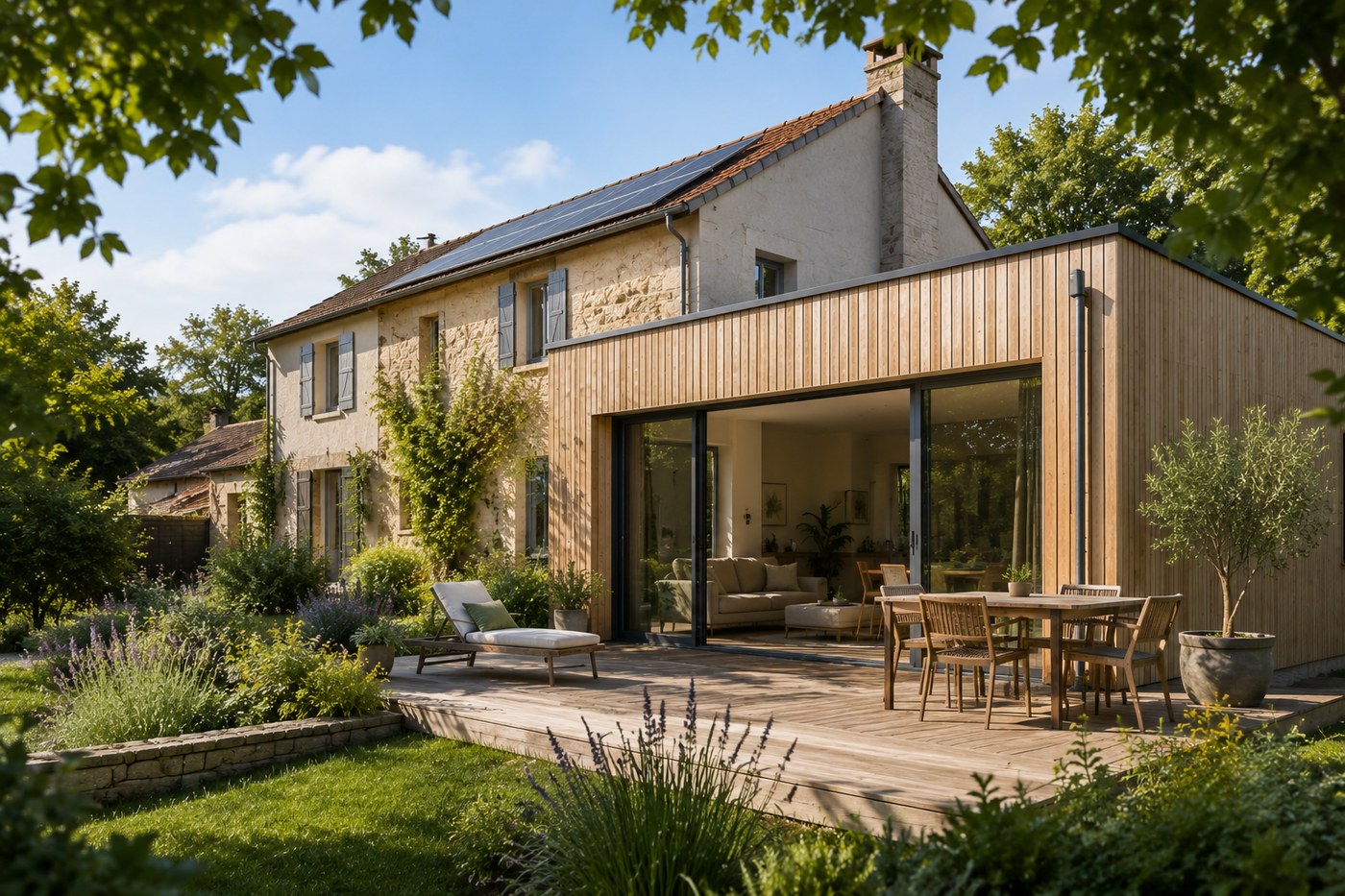 Rénovation d'une maison ancienne avec extension bois et panneaux photovoltaïques en toiture