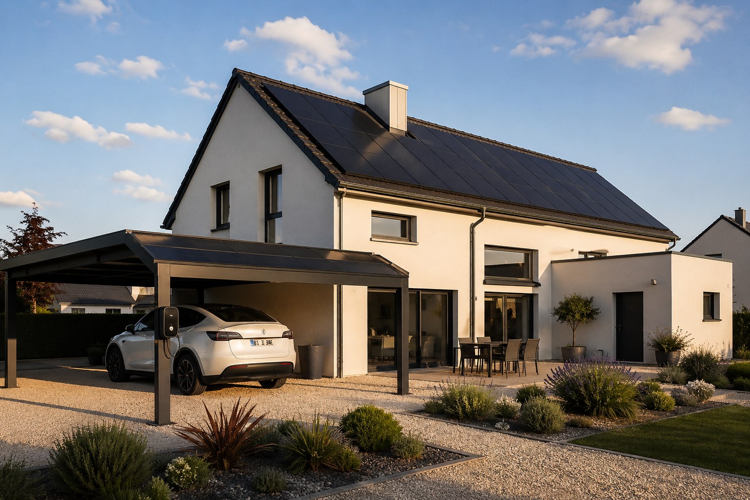 Maison avec toiture solaire et carport photovoltaïque, véhicule électrique en charge
